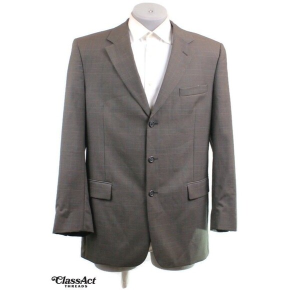 Jos A Bank 2 Piece Suit Mens Green Glen Plaid 3 Btn Wool 44L Pleated Fronts 36 W - Picture 3 of 10